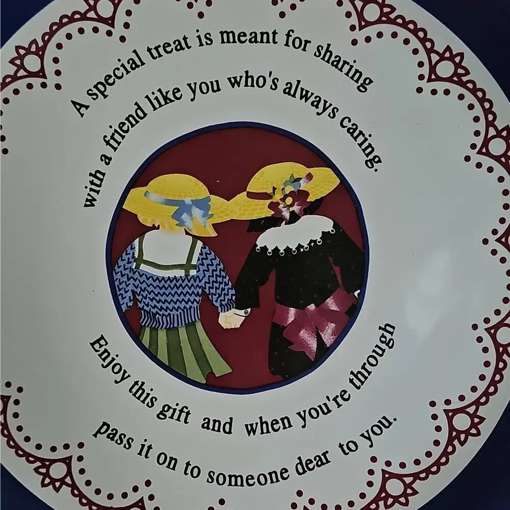 Vintage Ceramic Friendship Plate Blue Rim Round Glossy Multicolor